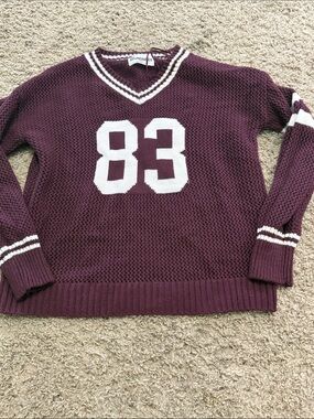 No Boundaries Maroon V-Neck '83 Knit Sweater with White Stripes